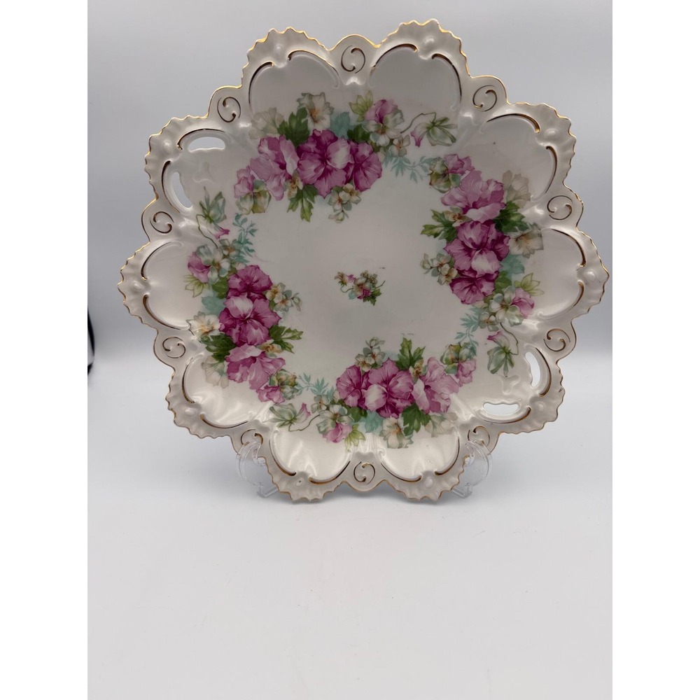 Vintage Reticulated Porcelain Bowl Pink Floral Pansy Gold Gilt Scalloped 11.5"